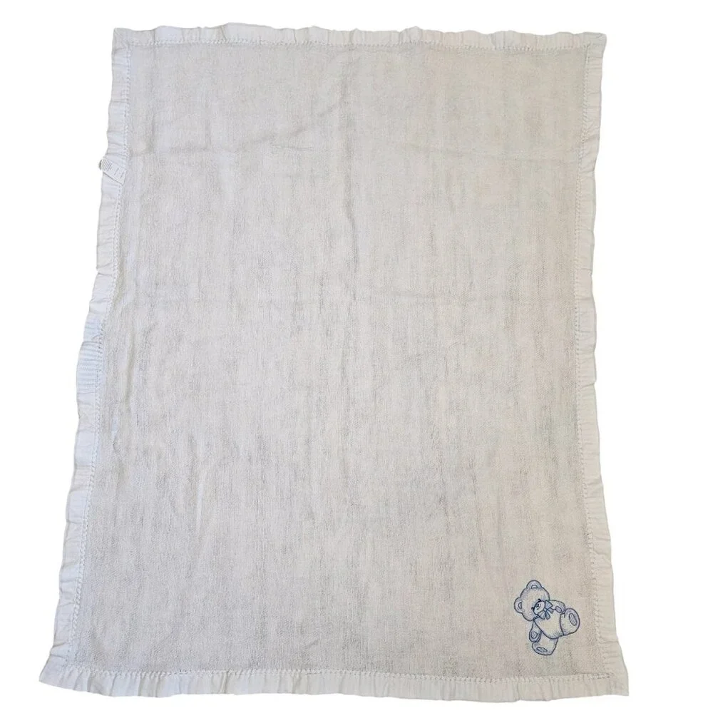 Vtg Gerber Baby Blanket White Blue‎ Teddy Bear Nylon Trim Knit Acrylic USA Made